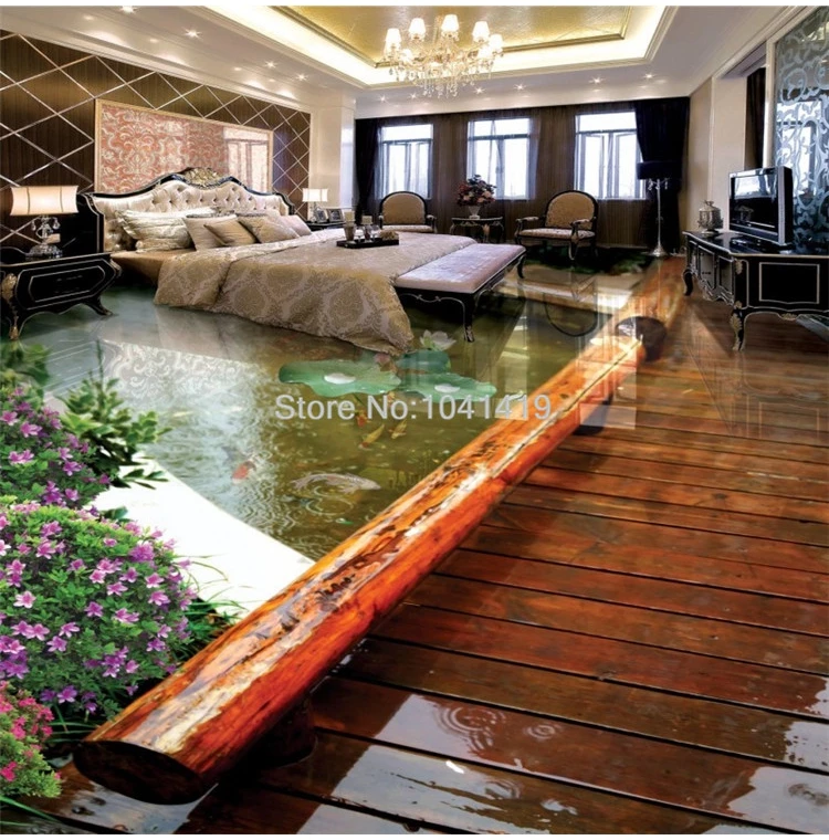 Пользовательские фото обои в китайском стиле парк деревянный мост пол фрески гостиная спальня ванная комната ПВХ водонепроницаемый пол стикер 3 D