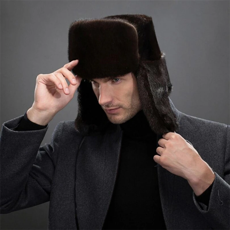 IANLAN Модные мужские импортные шапки-бомберы из натурального меха норки, зимние ветрозащитные шапки с наушниками, однотонные шапки в русском стиле, шапка IL00245