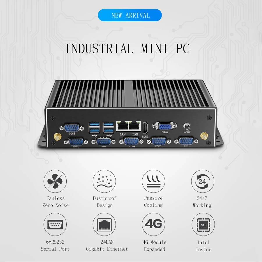 Промышленный мини-ПК без вентилятора Intel Core i7 i5 J1900 Win10 Linux компьютер Nuc Micro Computador Dual Gigabit Ethernet LAN 6COM порты