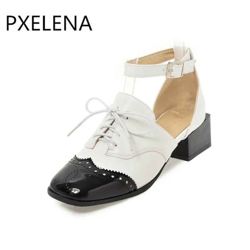 

PXELENA Retro British Oxfords Sandals Women Square Toe Fretwork Contrast Color Med Heels Sandals Lace Up Comfort Shoes 34-43