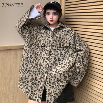 

Jackets Women Leopard Retro Loose Pockets Korean Style High Quality Female Harajuku Streetwear Clothing Lovely Students Womens
