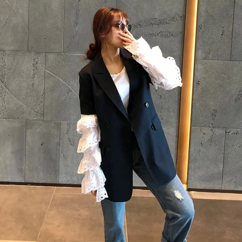 2019 New Casual Striped Blazer Coats Notched Women Flare Sleeve Ruffle Long Blazers White Patchwork Lace Blazers