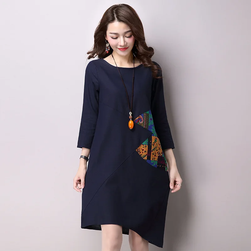 Casual Linen Dress Women Loose O Neck Patchwork vestidos longos Three