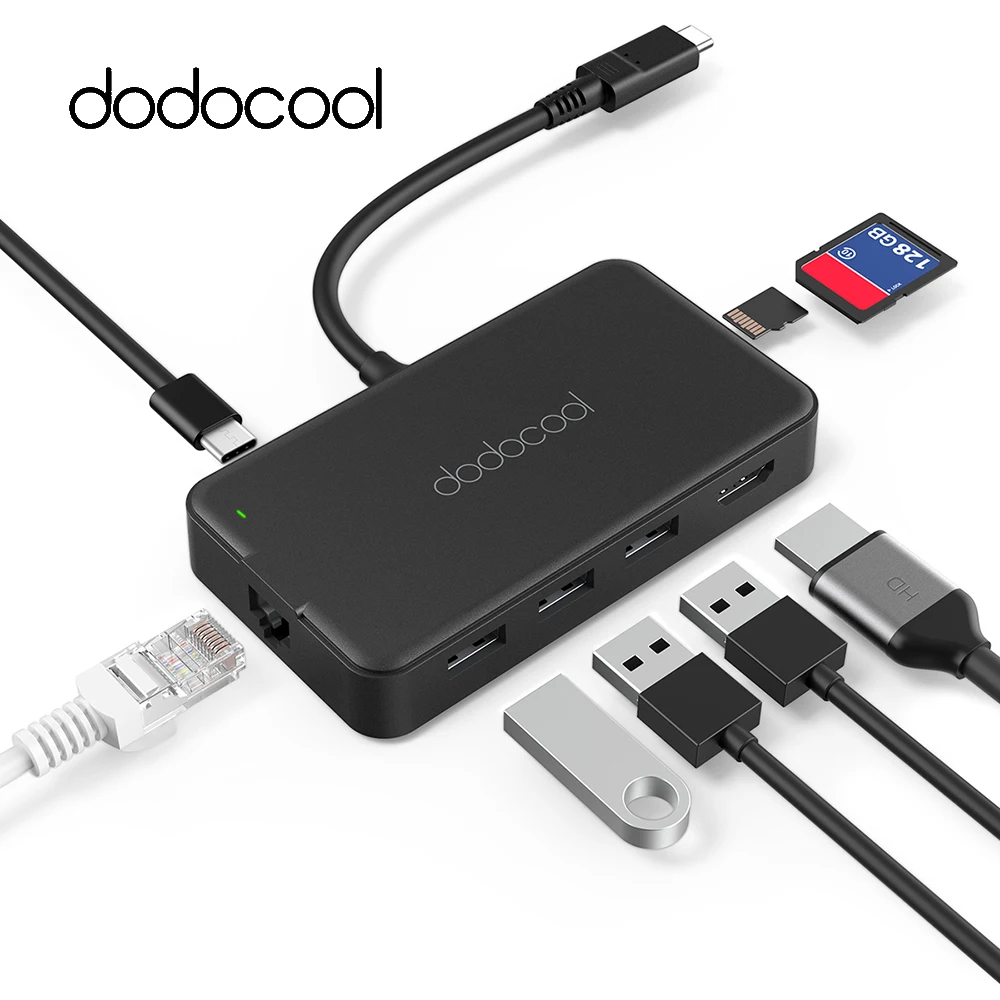 Dodocool 8-в-1 USB-C концентратор Тип-C Мощность доставки RJ-45 Gigabit Ethernet адаптер 4K HD Выход SD/TF карты 3 supurspeed USB 3,0 Порты и разъёмы