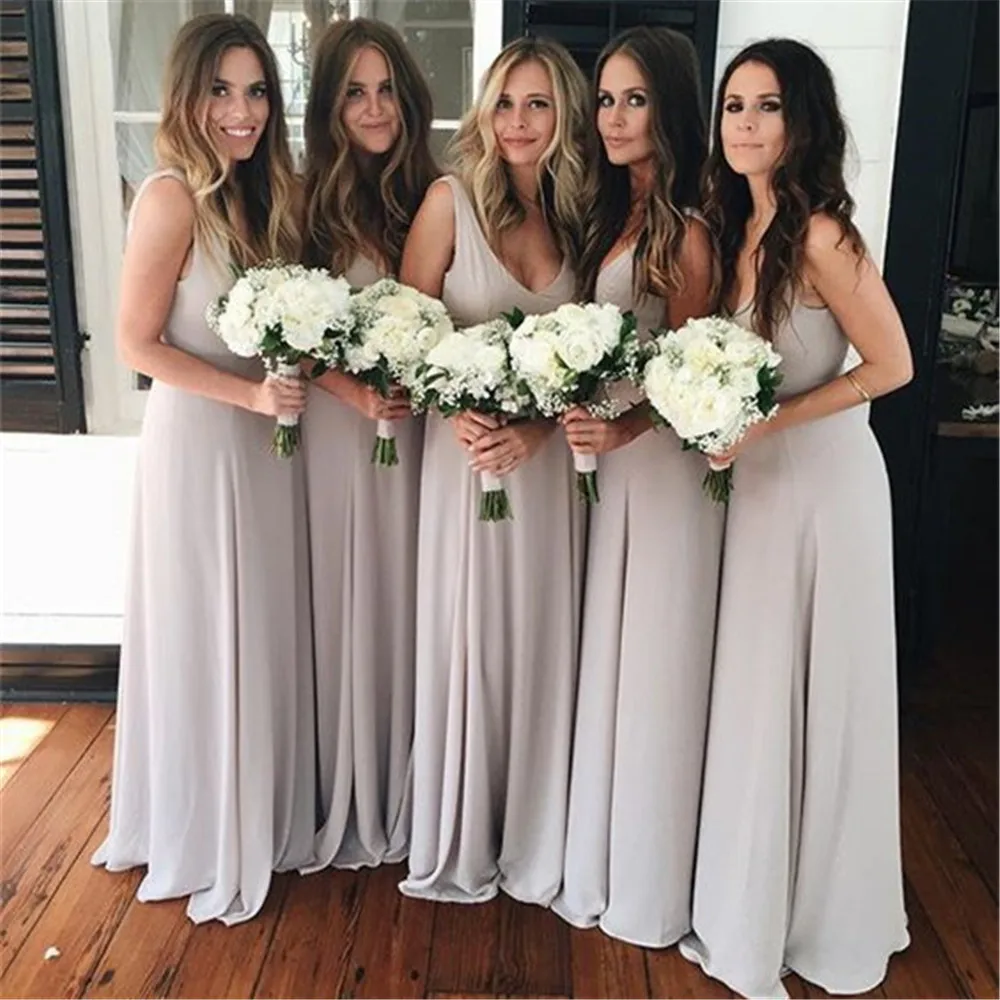 

Simple Long Bridesmaid Dresses V Neck A Line Floor Length Elastic Satin Cheap Wedding Party Dress 2019 New Maid Of Honor Gowns