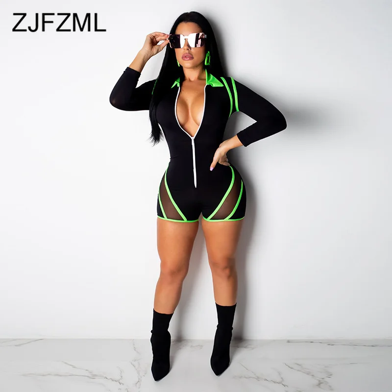 طويلة الأكمام الصيف اللياقة البدنية Playsuit للنساء مخطط شبكة تقسم انظر من خلال بذلة عارضة V الرقبة الجبهة البريدي الشاطئ ارتداءها