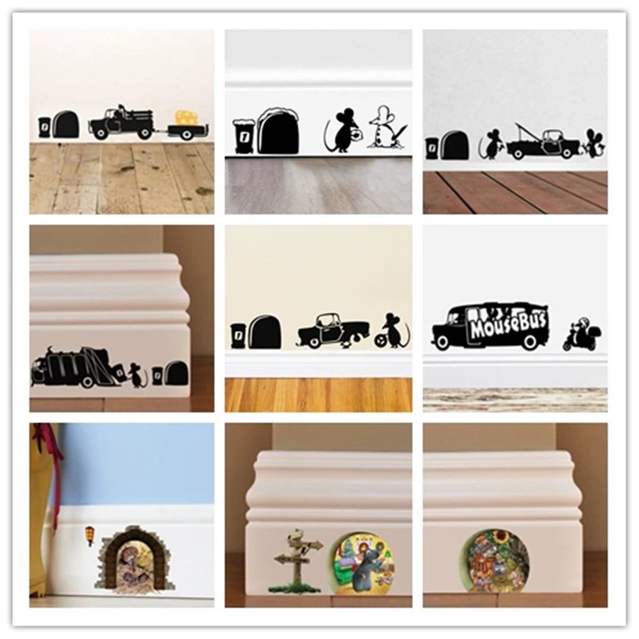 

& 3d stereoscopic Cartoon little mouse hole car rat hole pvc vinyl wall sticker kids room bedroom home decoration supplies