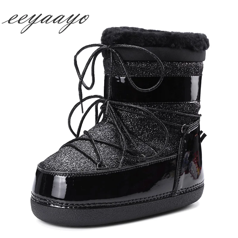 

2019 New Genuine Leather Winter Women Ankle Boots Flats Heel Real Fur Wool Lining Lace-Up Women Cow Suede Shoes Black Snow Boots
