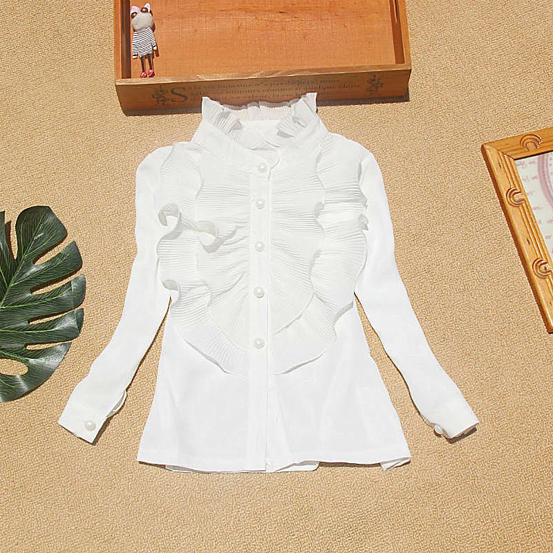 

Cute White Baby Blouse Chiffon Fall School Girl Blouse Pure Color Long Sleeve Tops Fashion Kids Ruffle Sleeve Shirts 4 8 12 16 Y
