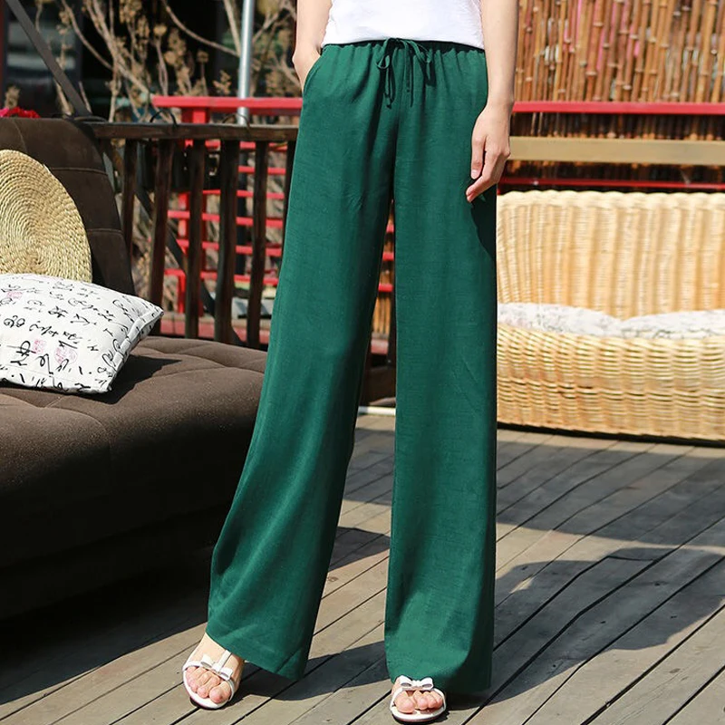 Spring Summer Casual Womens Elastic High Waist Wide Leg Green Black ...