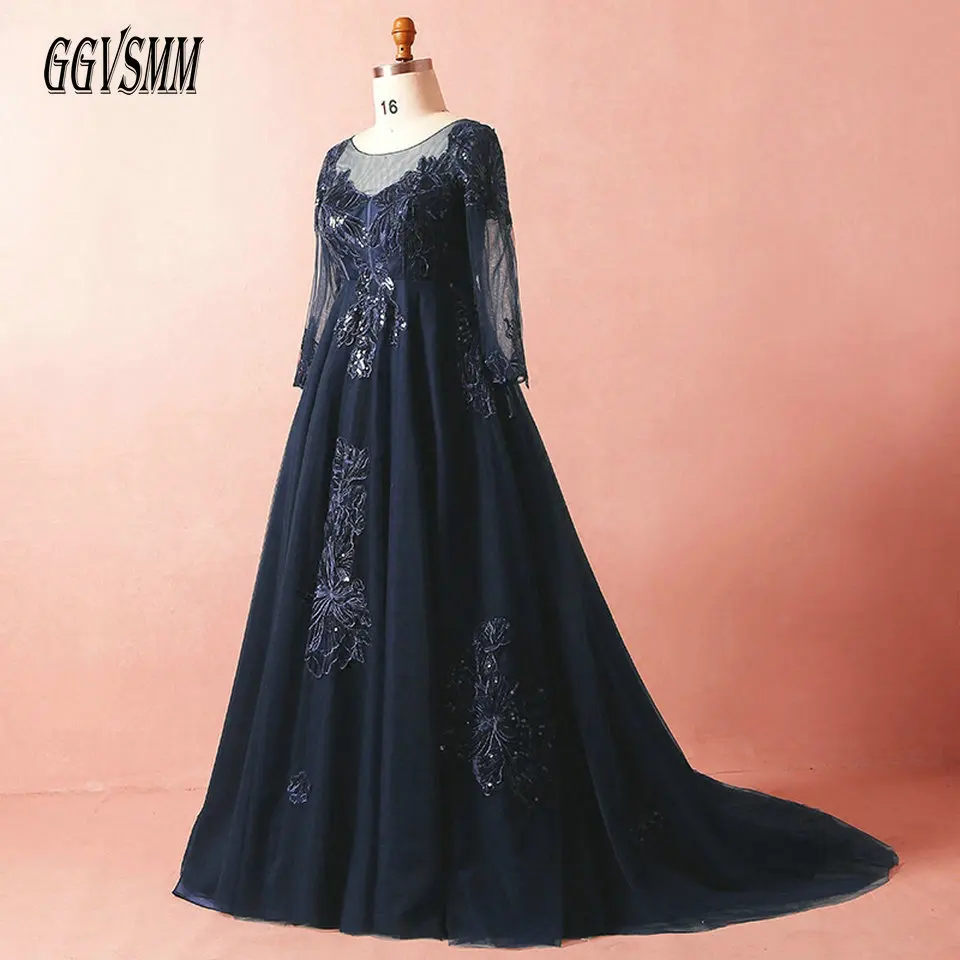 

Formal Dark Navy Plus Size Long Evening Dresses 2019 Evening Party Gowns Scoop Tulle Appliques Lace Up Sexy Women Dress Prom New