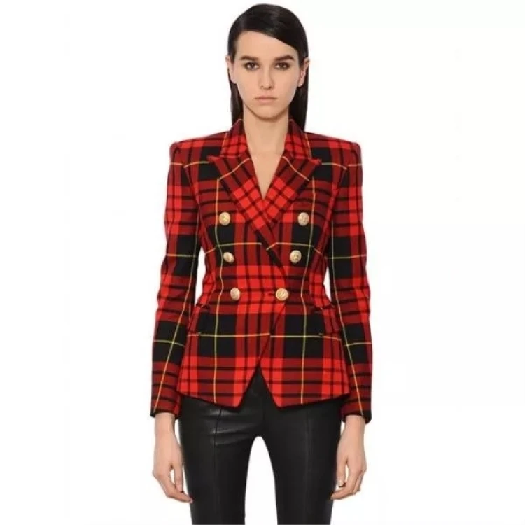 

2018 Fashion Women Vintage Clothes Elagant Double Breasted Loog Sleeve Flap Pockets Slim Blazers New Style Luxury Plaid Jacket