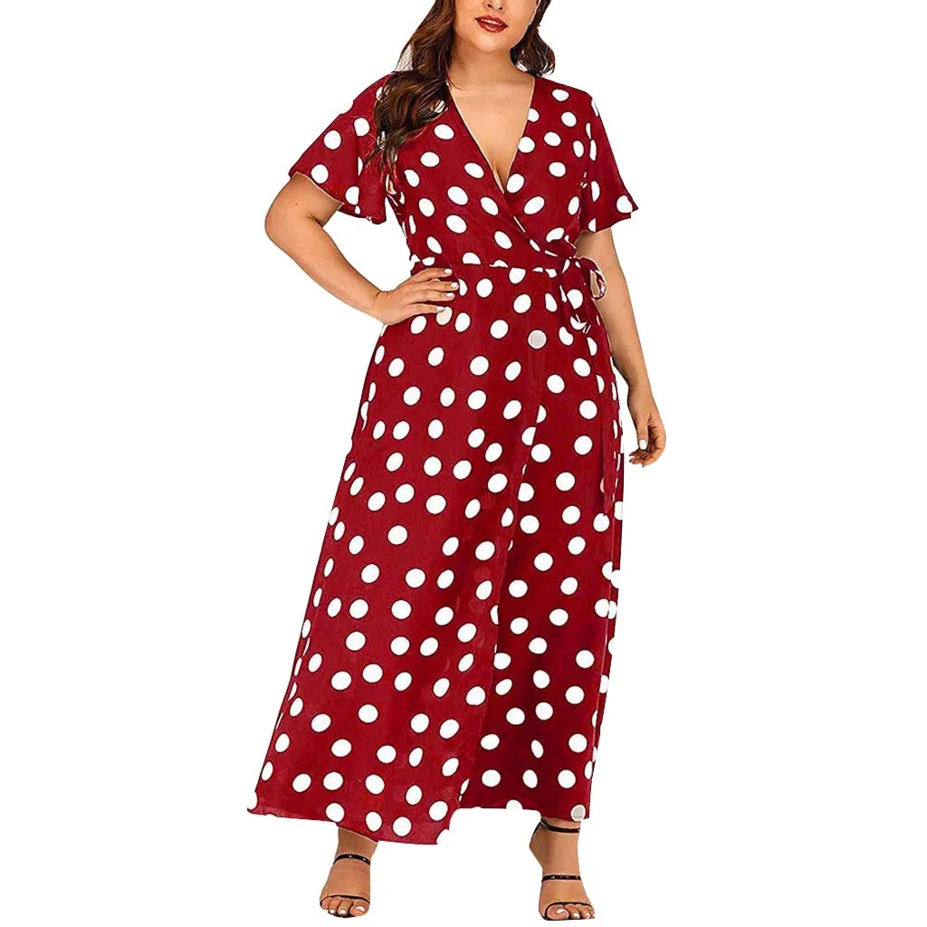 Сексуальное женское милое платье в горошек с рюшами размера плюс, летнее платье большого размера с поясом, женские платья с расклешенными рукавами - Цвет: Red