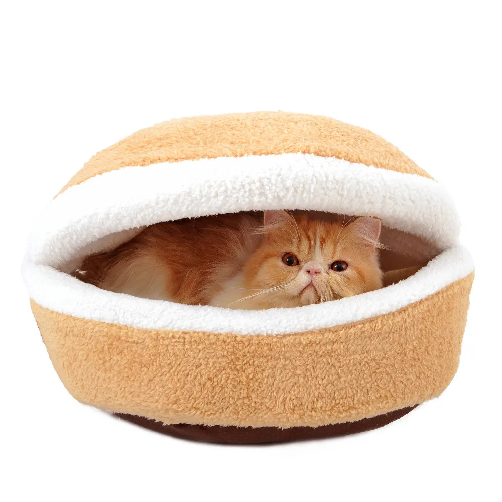 

Removable Warm Cat Bed House Hamburger Bed Short Plush Small Windproof Pet Bed Puppy Kennel Soft Nest Cushion Pet Products