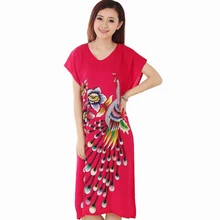 Новое красное женское летнее домашнее платье с принтом павлина, Женский хлопковый Халат с коротким рукавом, ночная рубашка, одежда для сна, платье-кафтан, один размер, A-138