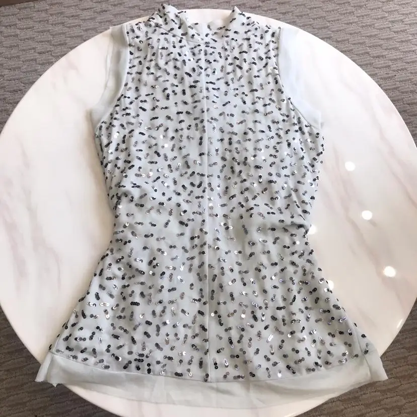

2019 new ladies fashion casual sleeveless half-high collar lace waist sequined top 0624