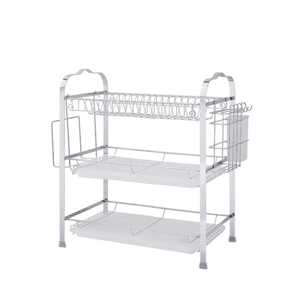 

Kitchen Drying Dish Rack Drainer Tray Three Layers Cutlery Holder Silver Organizer