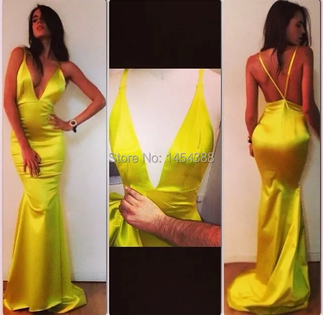 

2014 Sexy Unique Yellow Inspired by Michael Costello Mermaid Deep Crisscross Back Pleat Evening Dresses Prom Gowns Vestidos