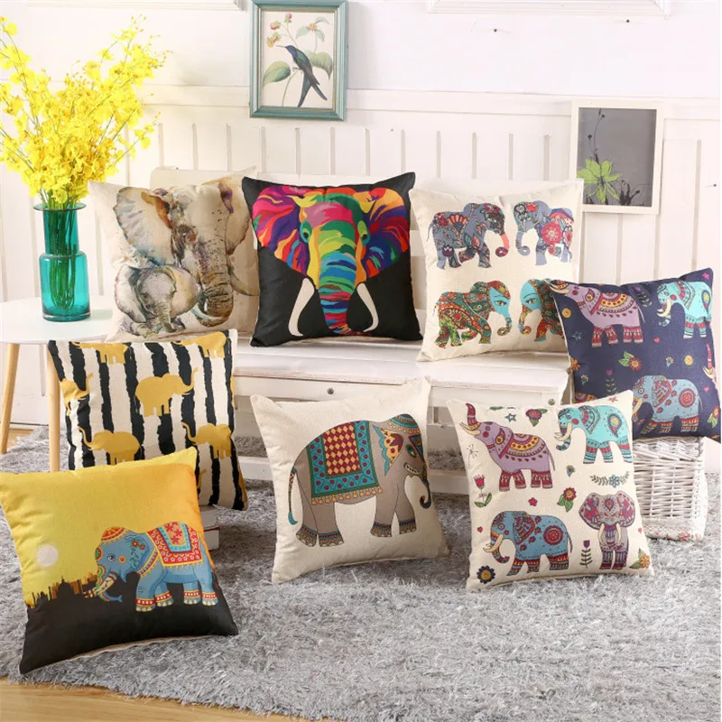 

45x45cm Elephant Printed Cushion Cover Living Room Sofa Pillowcase Linen Home Decor Bedroom Pillow Cover Decorative Pillows