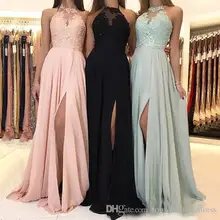 2019 Chiffon Long Bridesmaid Dresses A-line Jewel Neck Halter Lace Applique Floor Length Draped Side Split Formal Evevning Gown designer a line floor length jewel neckline anderaes bridesmaid dress