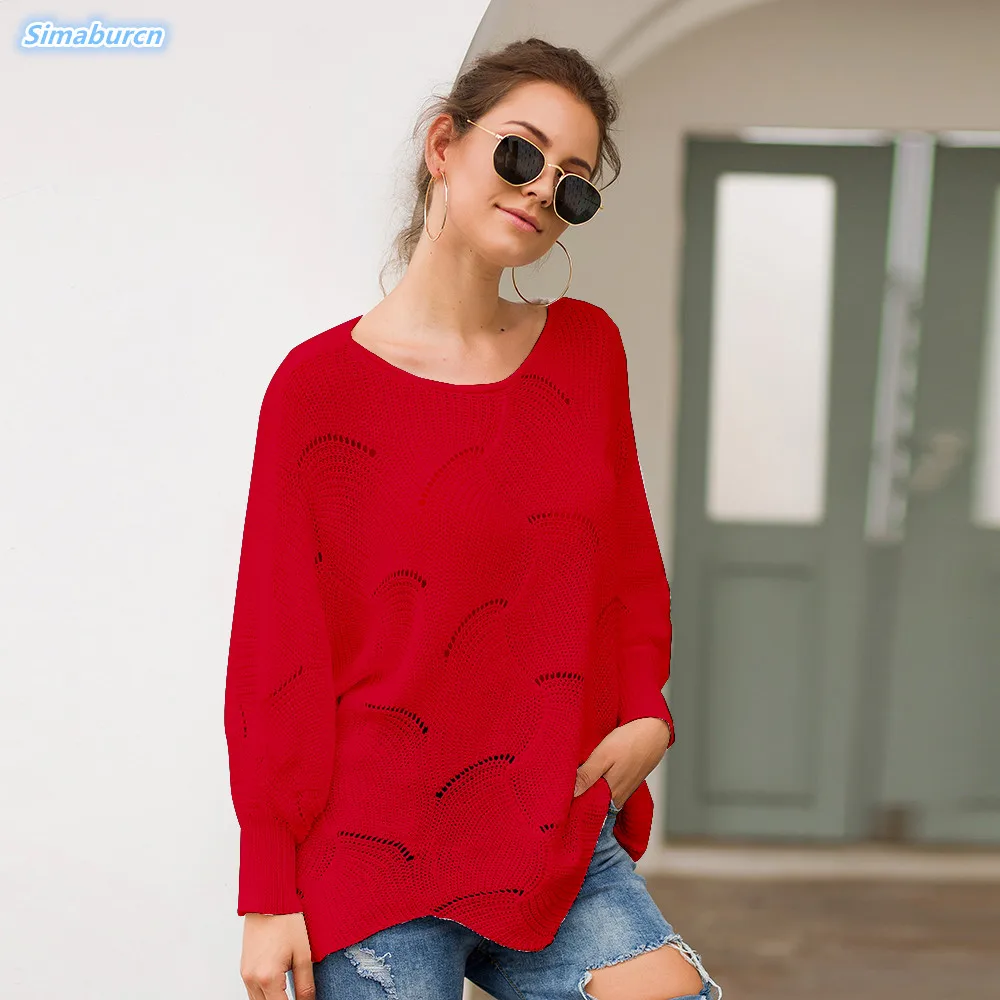 

High Quality Women Knitted Pullovers Long Sweaters Casual Autumn Winter Irregular Loose Red Black Feamle Sweaters New Arrivals