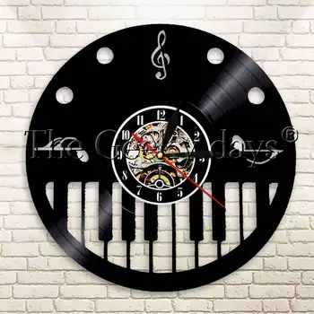 

1Piece Piano Keyboard And Treble Clef Vinyl Record Clock Musical Instrument Musical Notes Wall Hanging Art Decorative Wall Clock