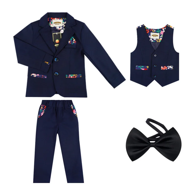 Торжественный блейзер с цветочным узором для мальчиков; комплект одежды для принца; детская куртка; жилет; брюки; костюм-смокинг для свадьбы; Детский костюм для дня рождения