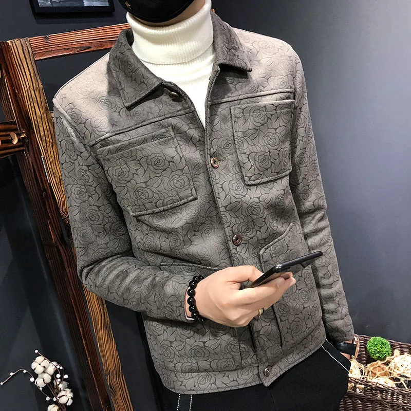 

TOTURN Men Suede Leather Jacket Slim Fit Fashion Outerwear Jackets Male Floral Patten Printed Classic Casual Flower Jacket Coat