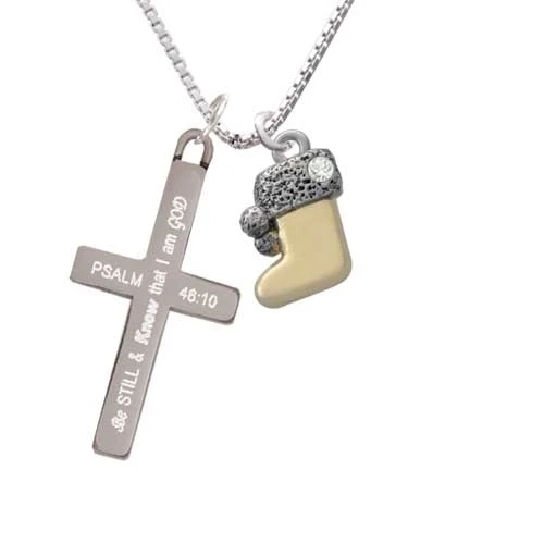 3-D Gold Tone Stocking with Fur and Clear Crystal - Be Still and Know - Cross Necklace (1)