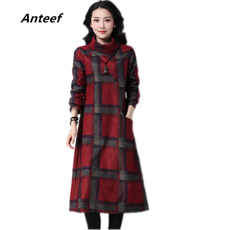 Cena Z długim rękawem bawełna wełniana plus rozmiar vintage plaid kobiety dorywczo luźne, jesienne zimowe sukienki eleganckie ubrania vestidos 2020 sukienki