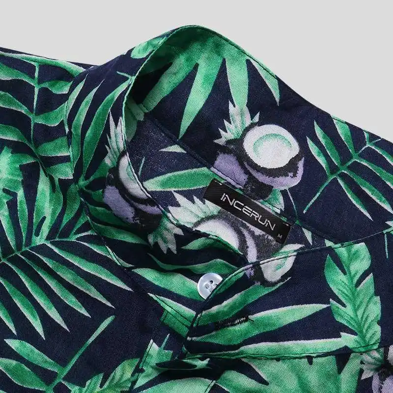 INCERUN Мода Гавайский стиль стенд воротник цветок рубашка кокосовый орех высокого качества печати каникулы рукава мужские повседневные Camisas 5XL
