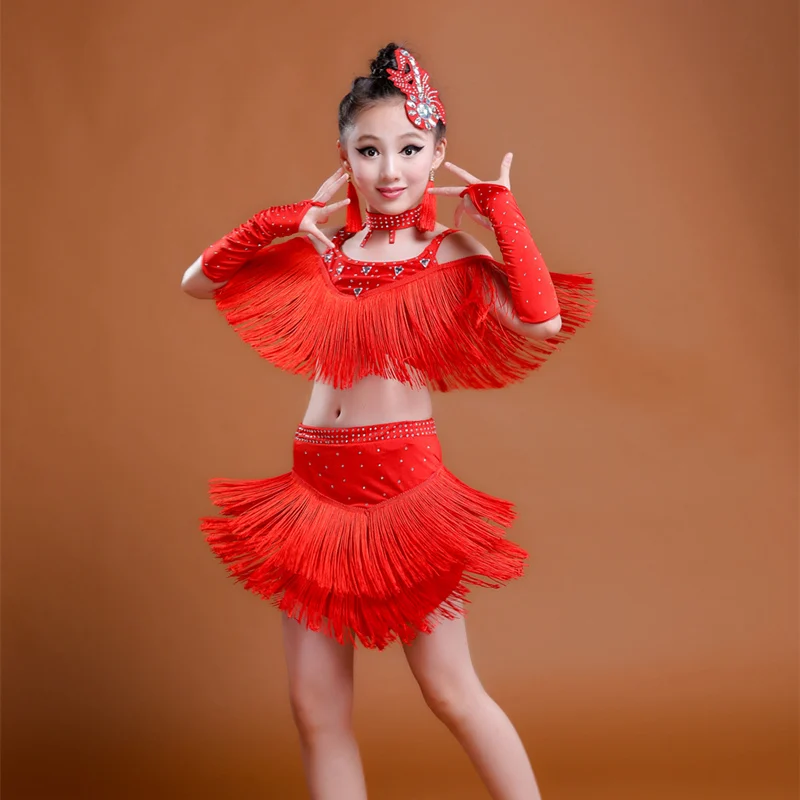 Latin Dance Costumes Girls Kids 3Colors 6Pcs(Dress+Headwear+HandSleeve