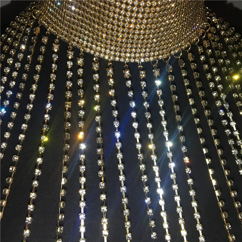 Women Sexy Rhinestone Nightclub Mini Dress Choker Halter Gold Silver Tassel Diamond Chain See Through Hollow Out Mini Dress