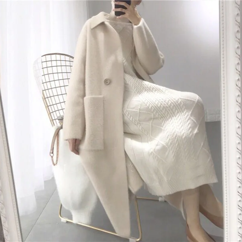 

Office Lady Solid Long Woolen Winter Coats Turn-down Collar Wool Coat and Jacket Single Button Pockets Ladies Coats