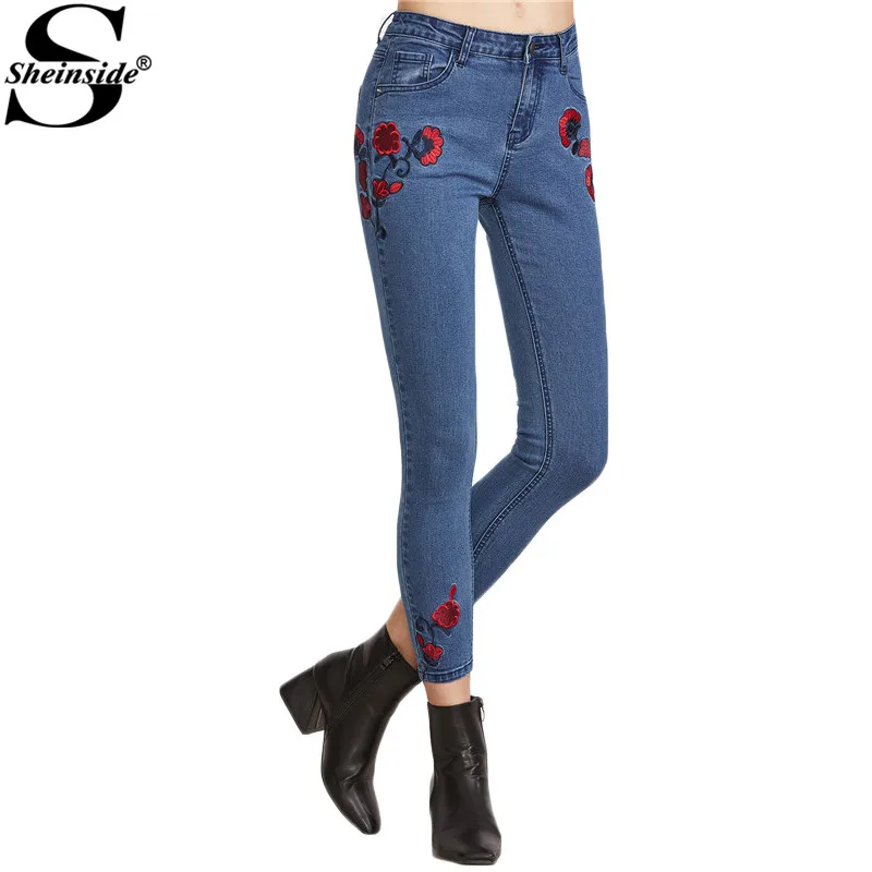Sheinside Embroidered Jeans font b Women b font Blue Floral Low Waist Sexy Crop Skinny Jeans