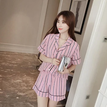 

3PCS/Set Women Pajamas Turn-down Collar Sleepwear Short Sleeve Shirt + Shorts + Hair Band Striped Pajama Set Ladies Underwear
