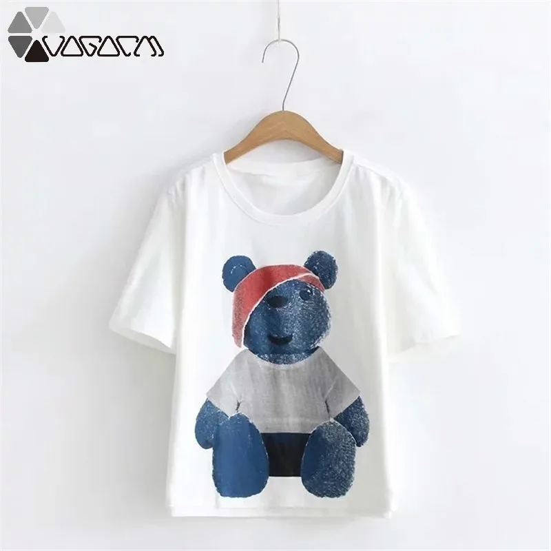 

2019 Cotton Summer T Shirt Women Harajuku Tshirt Cartoon Ink Bear Graphic Printed Tops Loose Short Sleeve Tee Shirt Plus Size