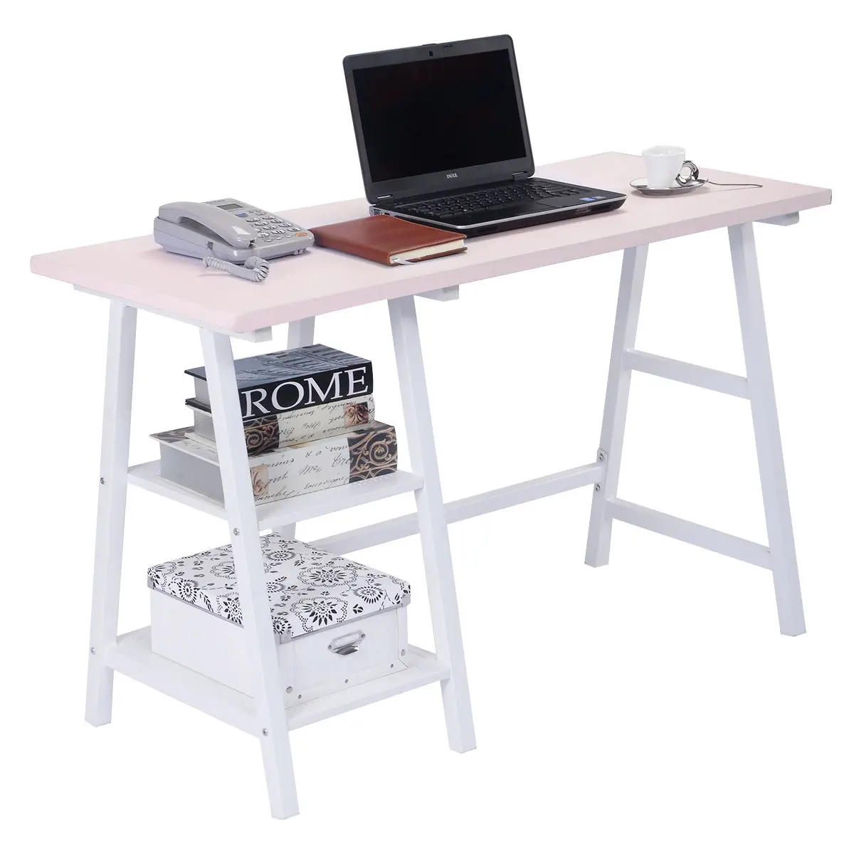 

Giantex Office Living Room Furniture Modern Trestle Desk Laptop Writing Table with Storage Shelves Wood Computer Desk HW51778WH