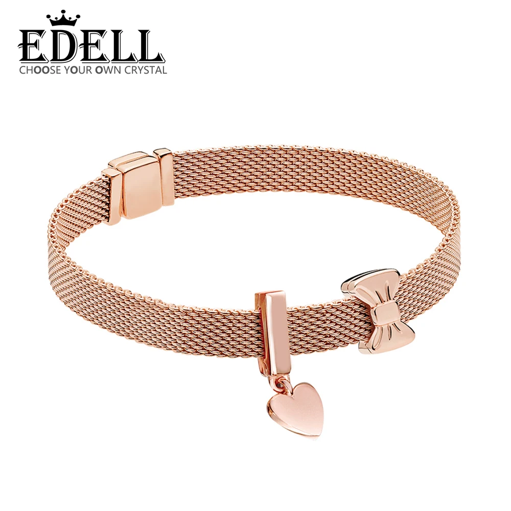 

EDELL 100% 925 Sterling Silver Rose Reflexions Bow Clip Charm Floating Heart Clip Charm 7ZT0168 Elegant Sweet Bracelet Set