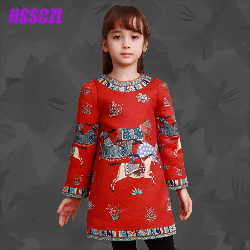 

2017 new spring girl long-sleeved dress national wind pony decoration children princess child dress knee-length free shipping