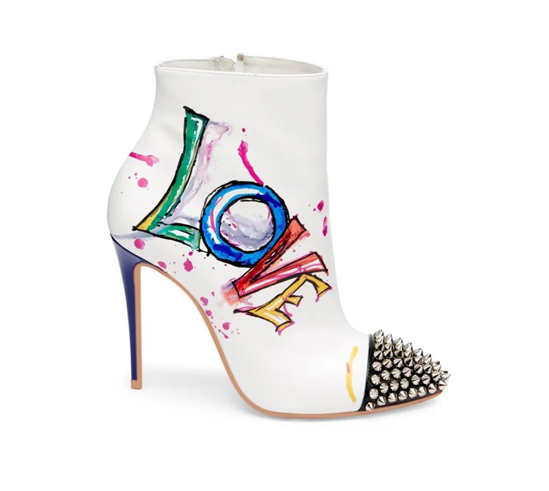 Bottes Mujer Hot Bottines Picture Rivet Hiver Balck Picture Court Femme Cheville As Automne Dames Graffiti À Talons as Botas Blanc Chaussures Mince Hauts Mode zzO1qnap