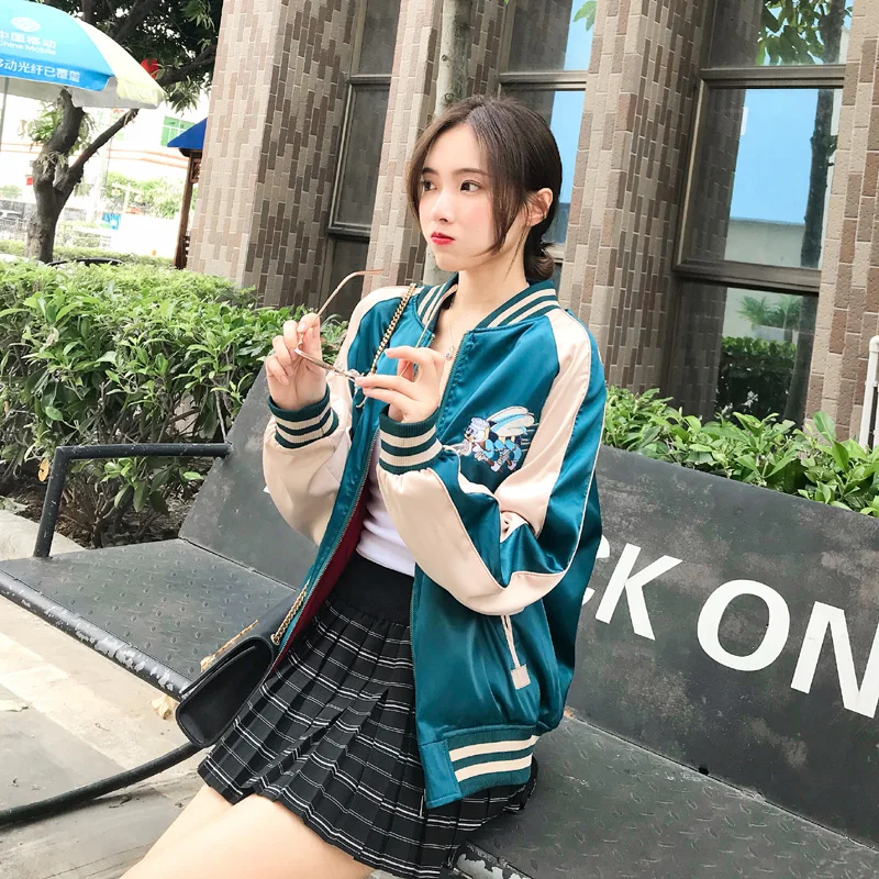

Simplee Vintage embroidery basic coat spring Autumn 2019 street satin bomber jacket Women reversible baseball jackets plus size