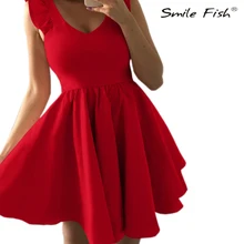 Милое праздничное платье, милое мини-платье с v-образным вырезом, рукав с оборками, а-силуэт, верхняя одежда, красное платье, новинка, Kawaill, 2XL размера плюс, комбинезоны M0555