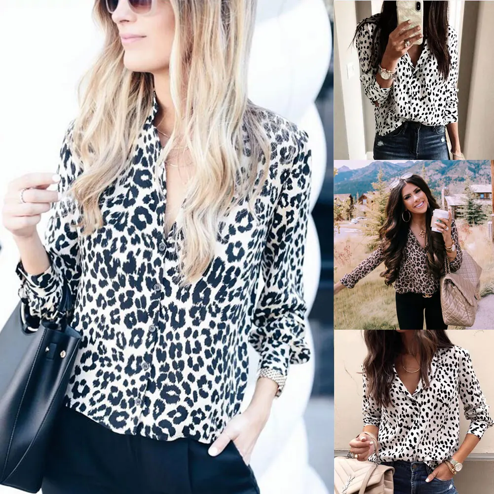 Новинка, женская летняя блуза с v-образным вырезом и леопардовым принтом на пуговицах, женская рубашка с длинным рукавом, топы, хит