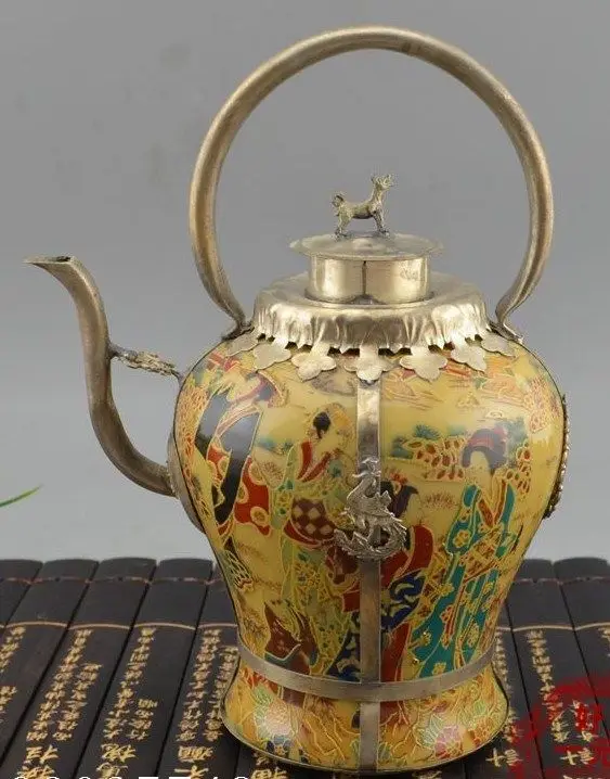

Archaize Collectible Chinese Handmade Silver & Porcelain Inlaid Teapot Yellow