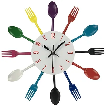 

Knife Fork Spoon Cutlery Wall Clock Design Metal Colorful Kitchen Clocks Creative Modern Home Antique Wall Watch Wanduhr 50w204