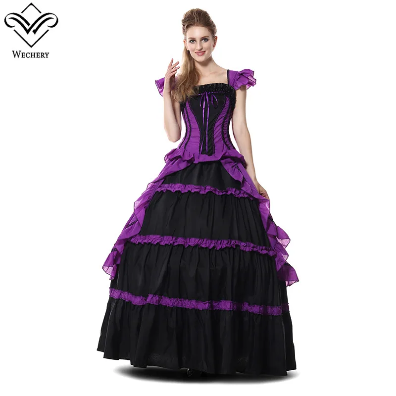

Wechery Retro Cosplay Dress Victorian Style Purple Sleeveless Maxi Dresses with Hoop Party Halloween Stage Shows Costumes