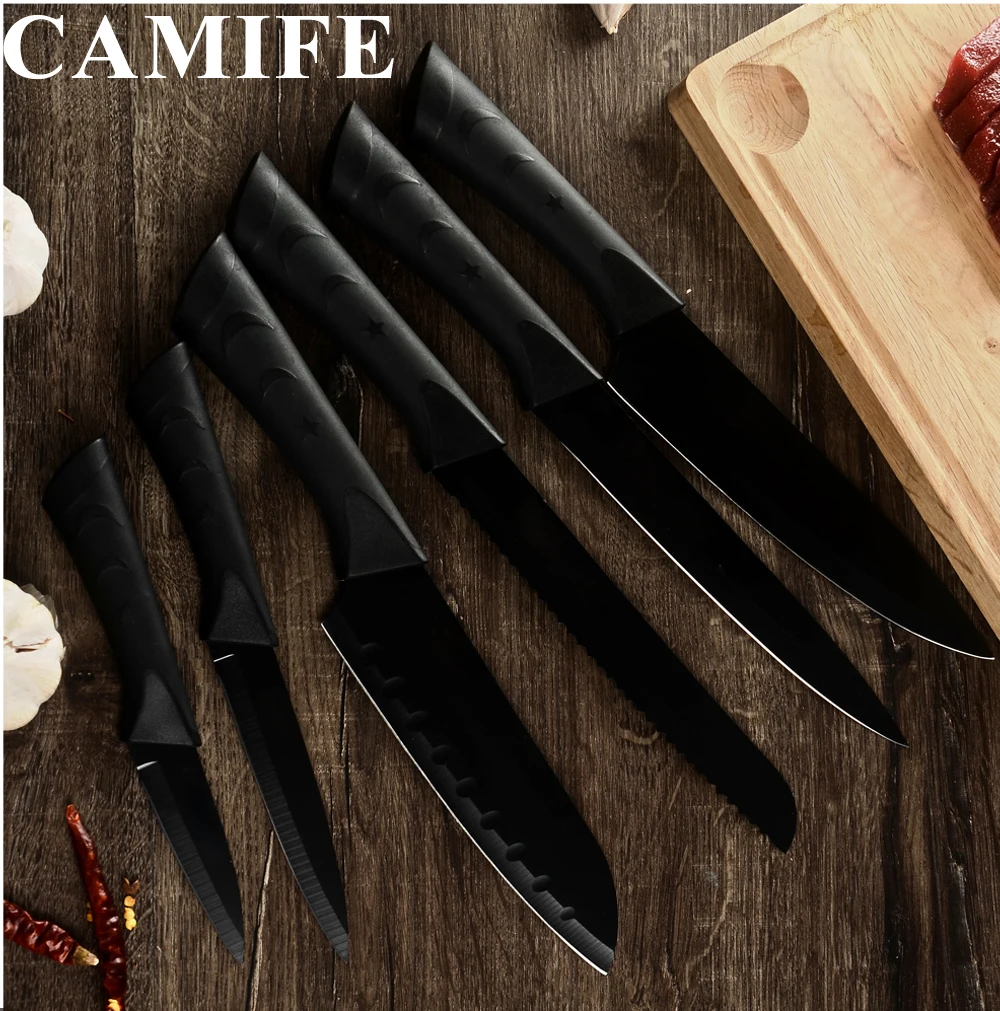 Японский нож из нержавеющей стали черный кухонный нож Прямая поставка точилка держатель 6 шт. Набор Кухонные ножи аксессуары инструменты