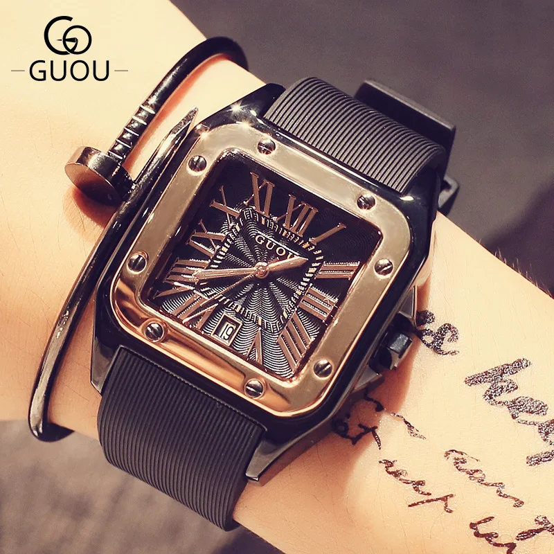 Goede 100% Nieuwe Collectie GUOU Vierkante Dial 50 m Waterdicht Zachte Rubber Band Quartz Horloges Polshorloge voor Vrouwen Dames Zwart OP001