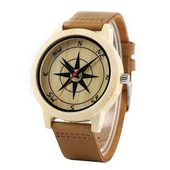 

New Arrival Casual Sport Men Hand-made Bamboo Quartz Wristwatch Compass Dial Genuine Leather Band Clock Cost-effective Watch